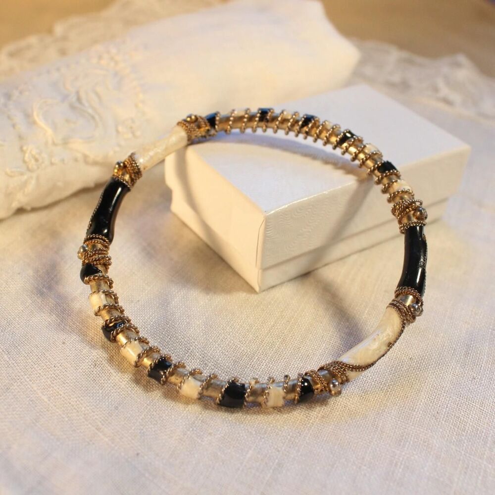Vintage Gold-Tone, Black and White Stackable Bangle Bracelet